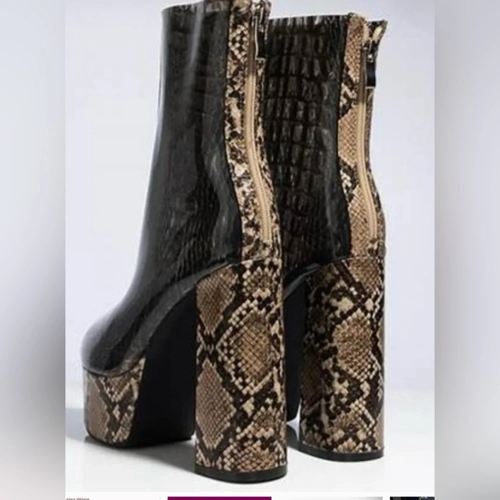 Women’s Platform Ankle Boots in Black with Snake-Print Accents